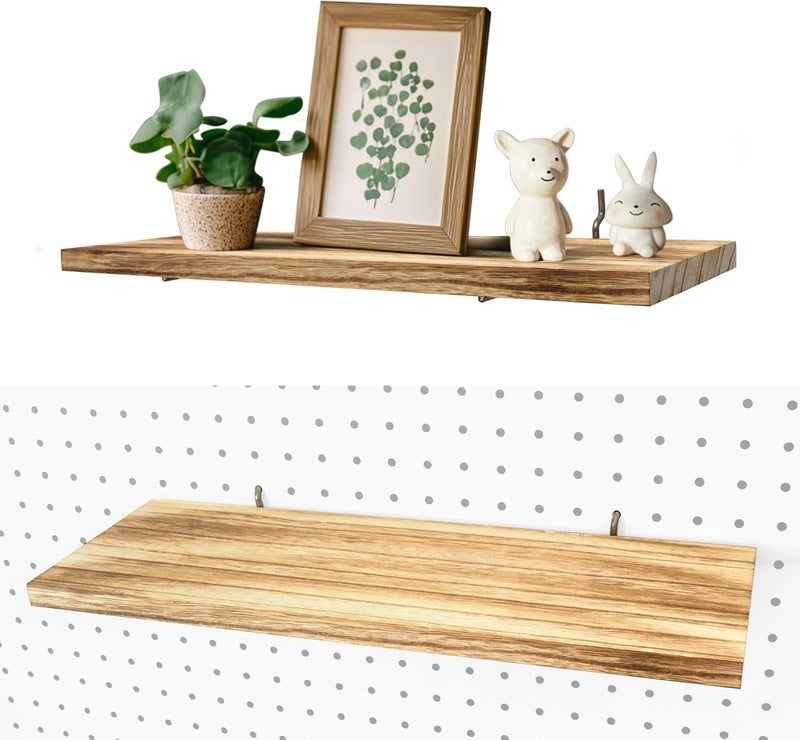 WOWKIT Pegboard Shelves, 16" x 6" Large Peg Board Racks 2Pack Wall Organizer Shelf, 1/4 inch Heavy Duty Metal Brackets Fit All Pegboards, Wood Slats, Craft Garage Workbench Office Shelving Accessories (Wood) - Image 1